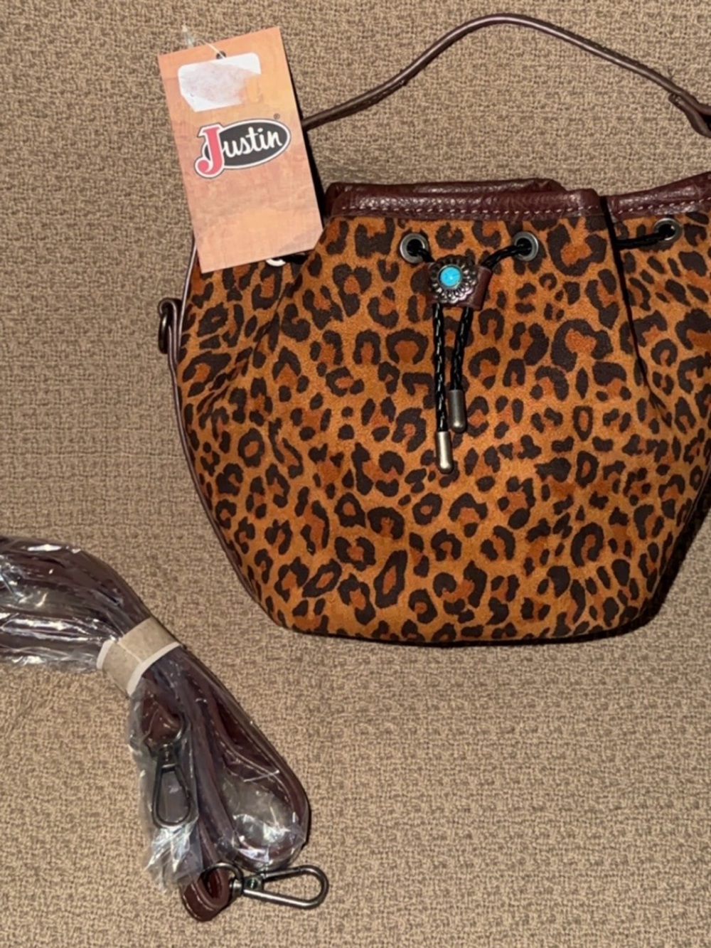 Justin Boots Leopard-Print Drawstring Bucket Bag with Turquoise Accent